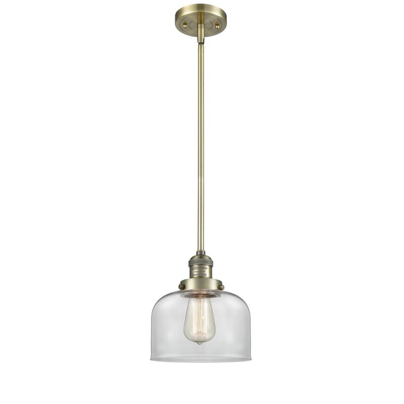 Innovations Lighting Franklin Restoration Bell - 1 Light 8" Stem Hung Mini Pendant - Antique Brass/Clear