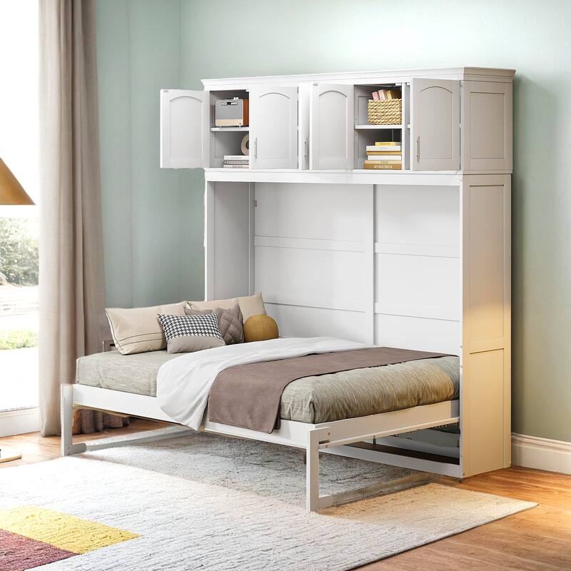Full Size Wooden Murphy Bed Wall Bed with Top Cabinets - White