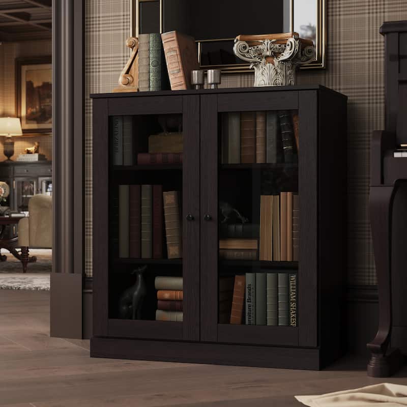 Palace Imports Premium 100% Solid European Oak Hardwood 3-Shelf Modular Bookcase with Tinted Glass Doors - 32" Wide, 35.75" Tall - Espresso Oak