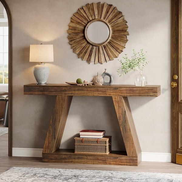 Waterproof 2-Tier Entryway Console Table, Farmhouse, Brown Wood