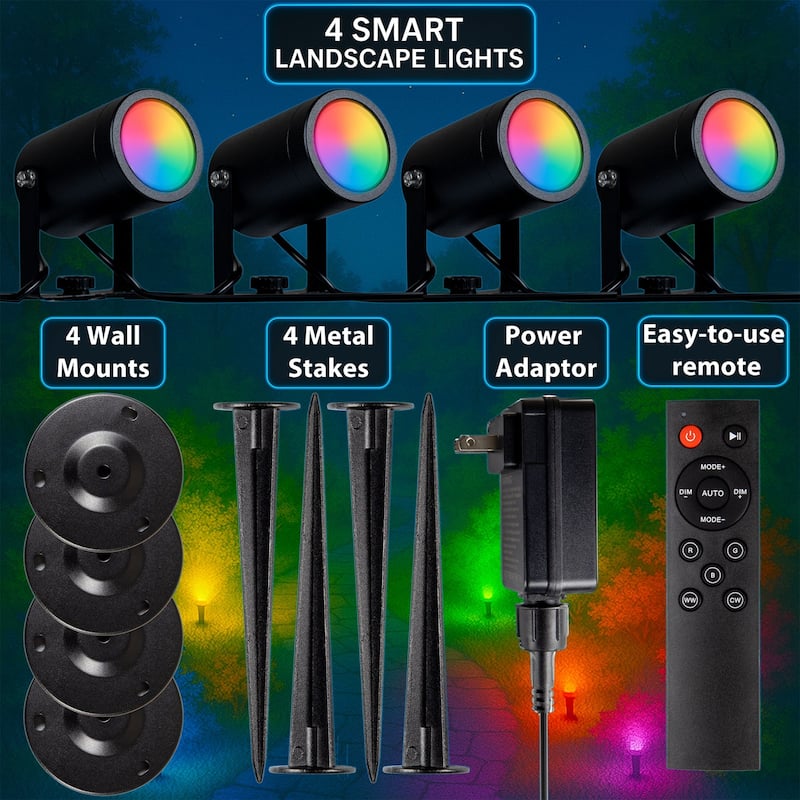 RGBWW Smart Outdoor Spotlights 4-Pack 48ft IP65 LED Lights Alexa Remote App