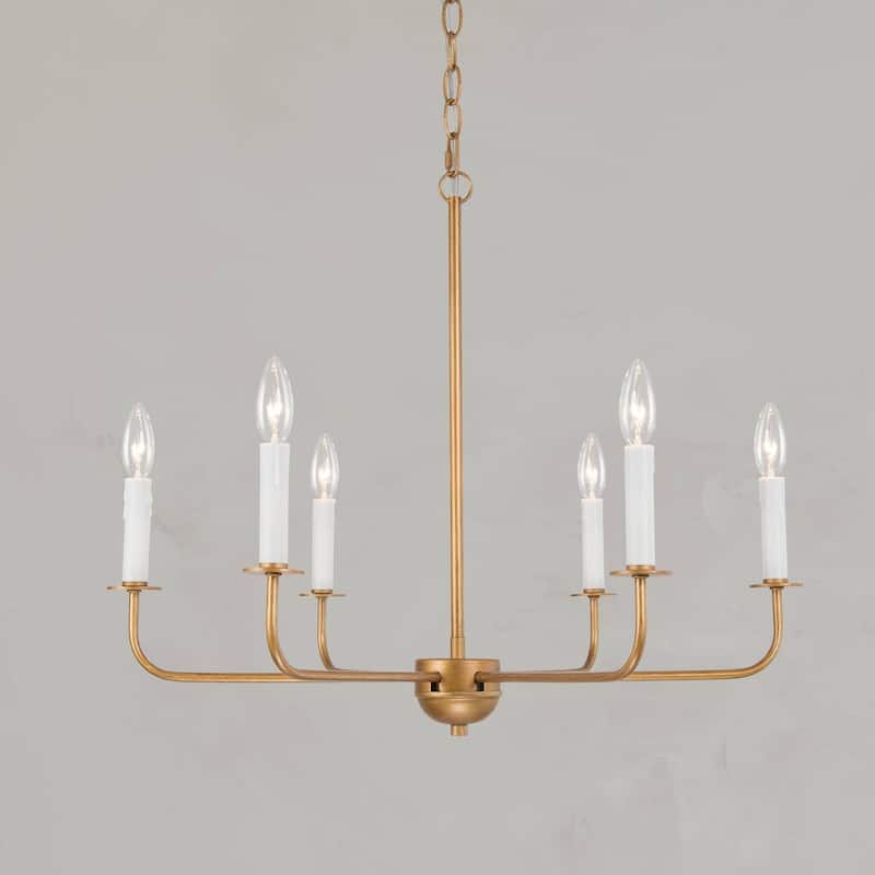 Mid-Century Modern 6-Light Candle Chandelier Brushed Brass Wheel Dinging Room Light - Brushed Brass - D25" x H21"
