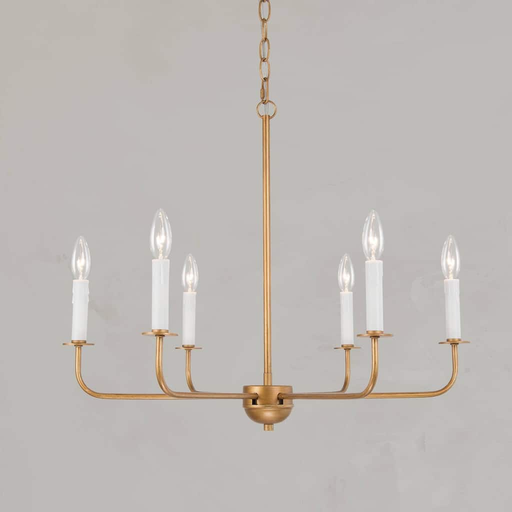 Mid-Century Modern 6-Light Candle Chandelier Brushed Brass Wheel Dinging Room Light - Brushed Brass - D25" x H21"