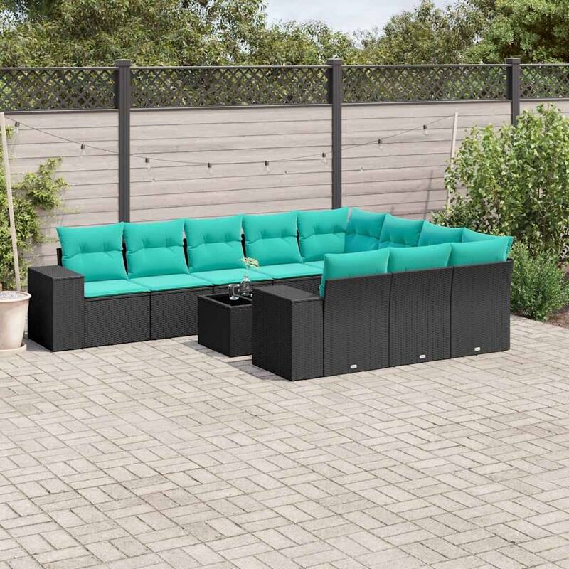 vidaXL 10/11 Piece Patio Sofa Set with Cushions Black/Brown/Gray Poly Rattan - 24.4 x 24.4 x 27.2 - Black and blue With table