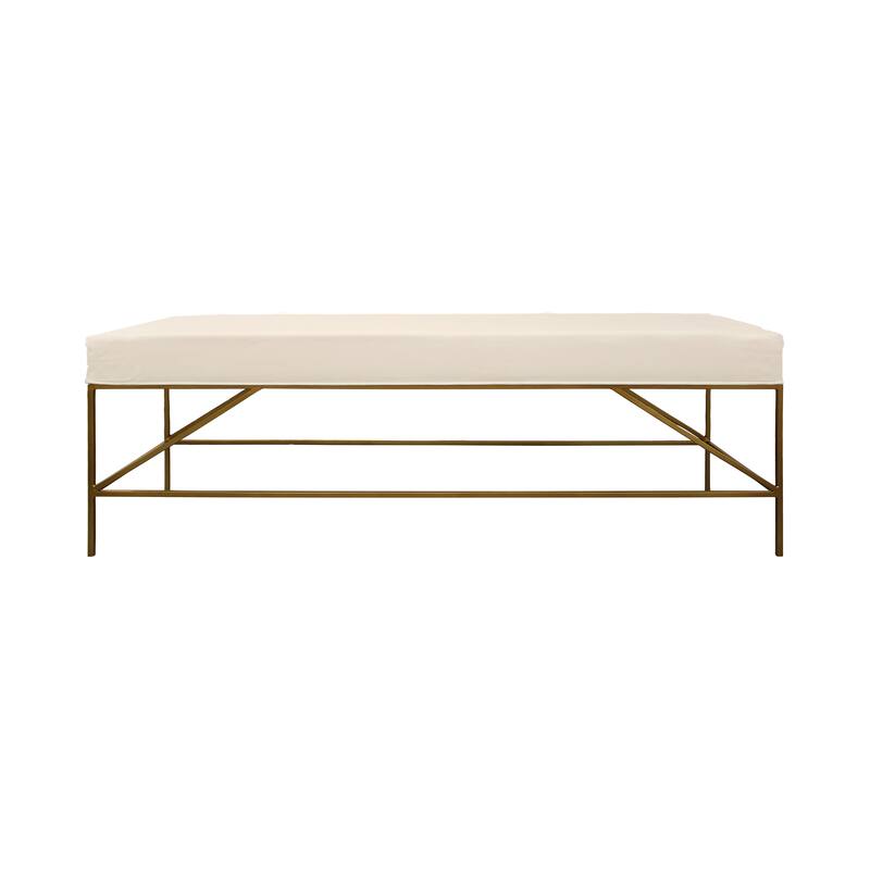 Hill Linen Upholstered Bench with Antique Brass Finished Iron Frame