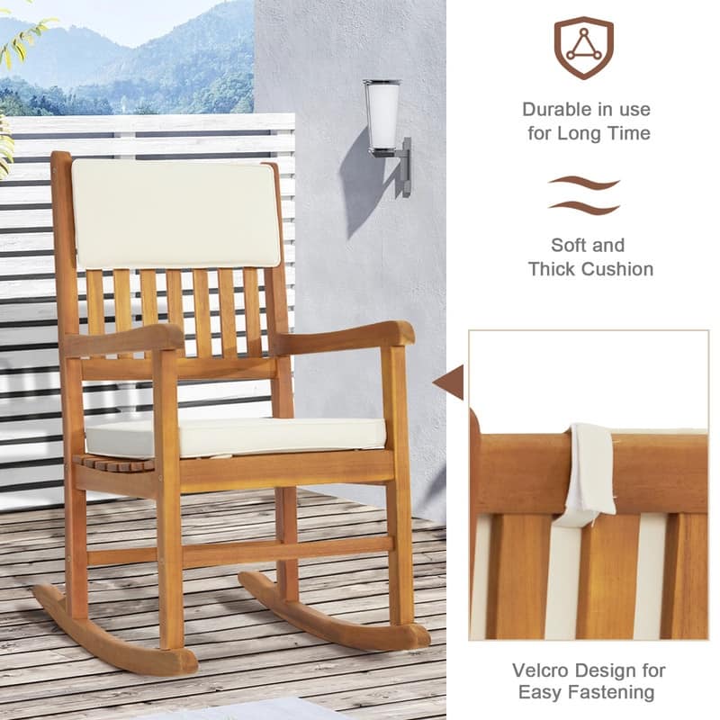 Natural Wood Outdoor Rocking Chair with Sponge Cushion