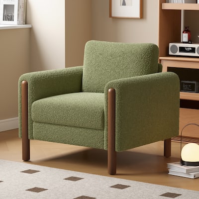 Green Modern 33.5" Upholstered Accent Chair with Walnut Legs and Curved Handrail