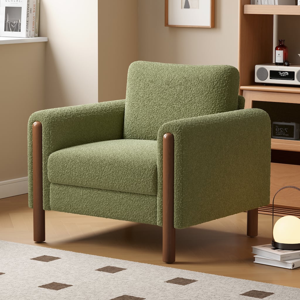 Green Modern 33.5" Upholstered Accent Chair with Walnut Legs and Curved Handrail