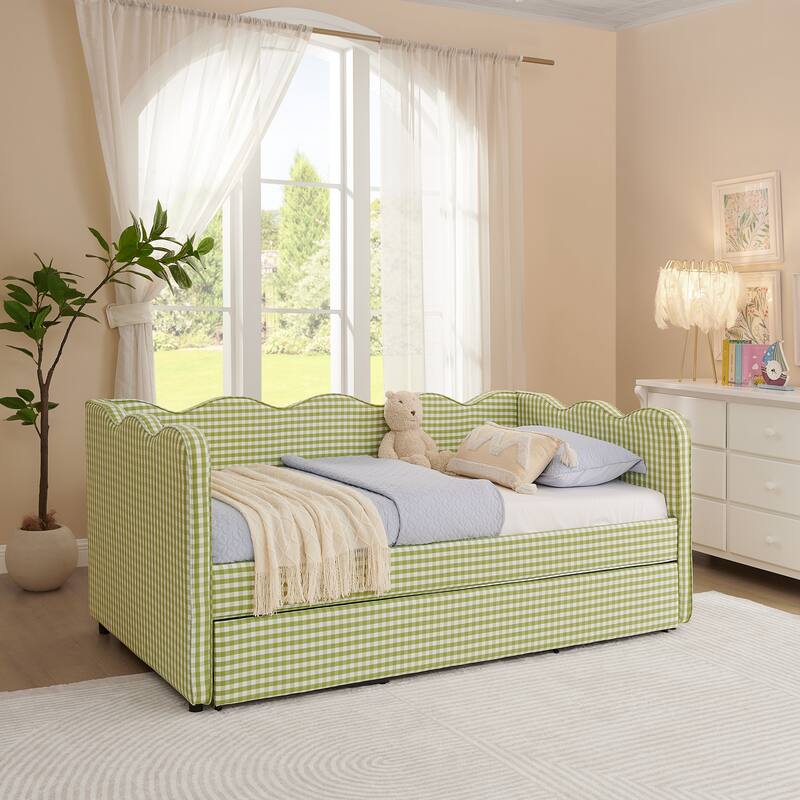 Roomfitters Gingham Daybed with Trundle, Twin Upholstered Sofa Bed with USB Port and Wave Edge Design