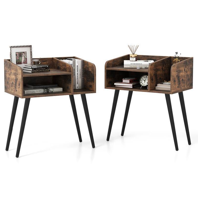Gymax Set of 2 Mid Century Modern End Table w/ Open Shelves Metal - Brown