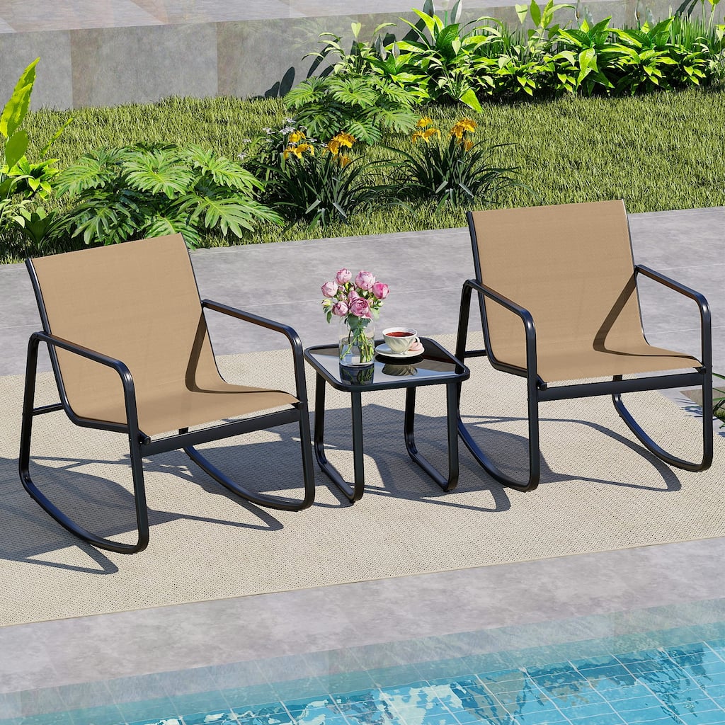Gymax Set of 3 Patio Rocking Set 2 Rocking Bistro Chairs & Glass-Top