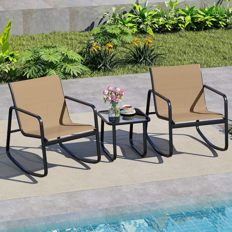 Gymax Set of 3 Patio Rocking Set 2 Rocking Bistro Chairs & Glass-Top - Black & Brown - 3-Piece