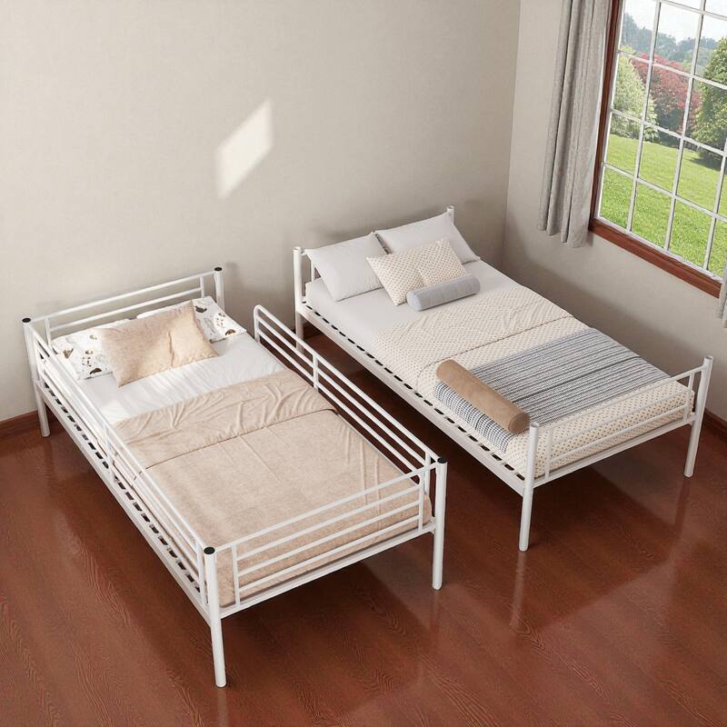 Twin Over Twin Metal Bunk Bed with Ladder, High Guardrails, Convertible to Two Beds, Noise-Free Frame & Storage Space