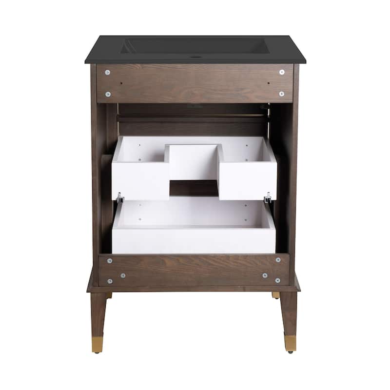 Hugo 24 In. Brown Oak Bathroom Vanity With Black Ceramic Sink Top