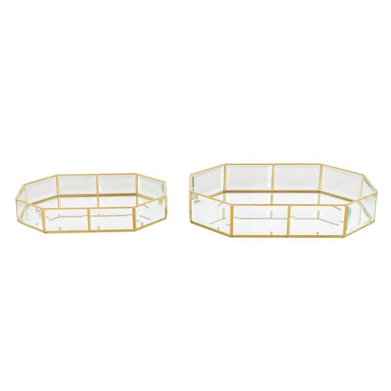 Clear Glass Beveled Wide Octagon Decorative Jewelry Box with Gold Metal Frame (Set of 2)