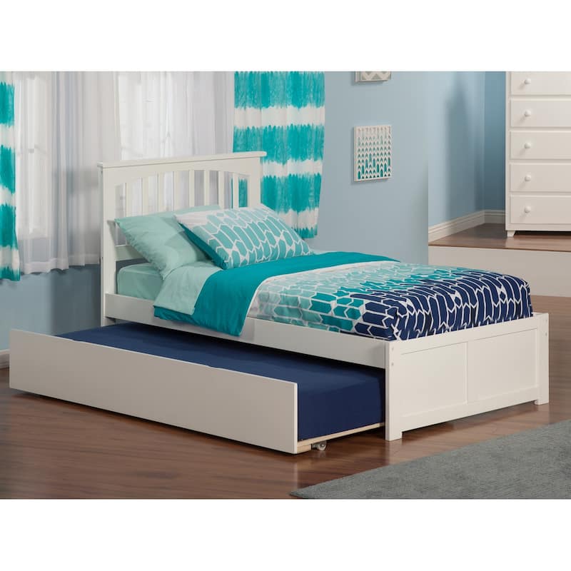 Twin Platform Bed with Trundle - Coastal Cottage Style, White Finish, Mission Design, Space Saving