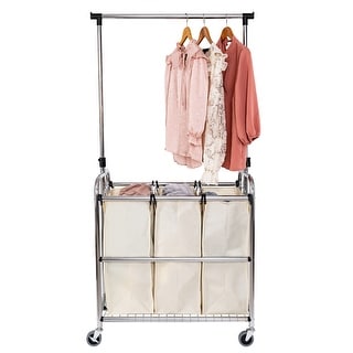 Seville Classics Rolling 3-Bag Steel Laundry Sorter w/ Hanging Bar