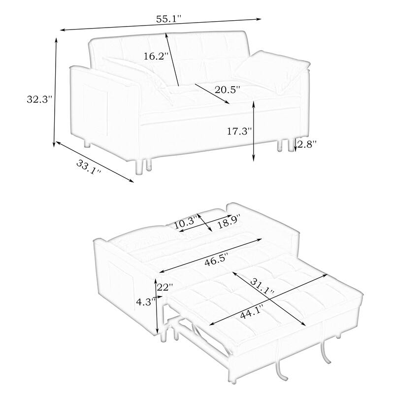 Modern 3 in 1 Convertible Black Velvet Sofa Bed with Pillow