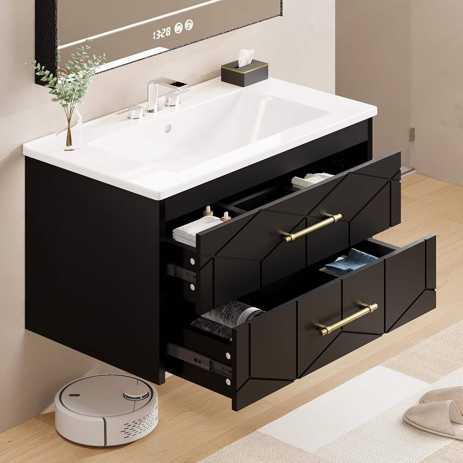 30" Wall-Mounted Bathroom Vanity with Sink, Floating Vanity, Gold Handle, Black