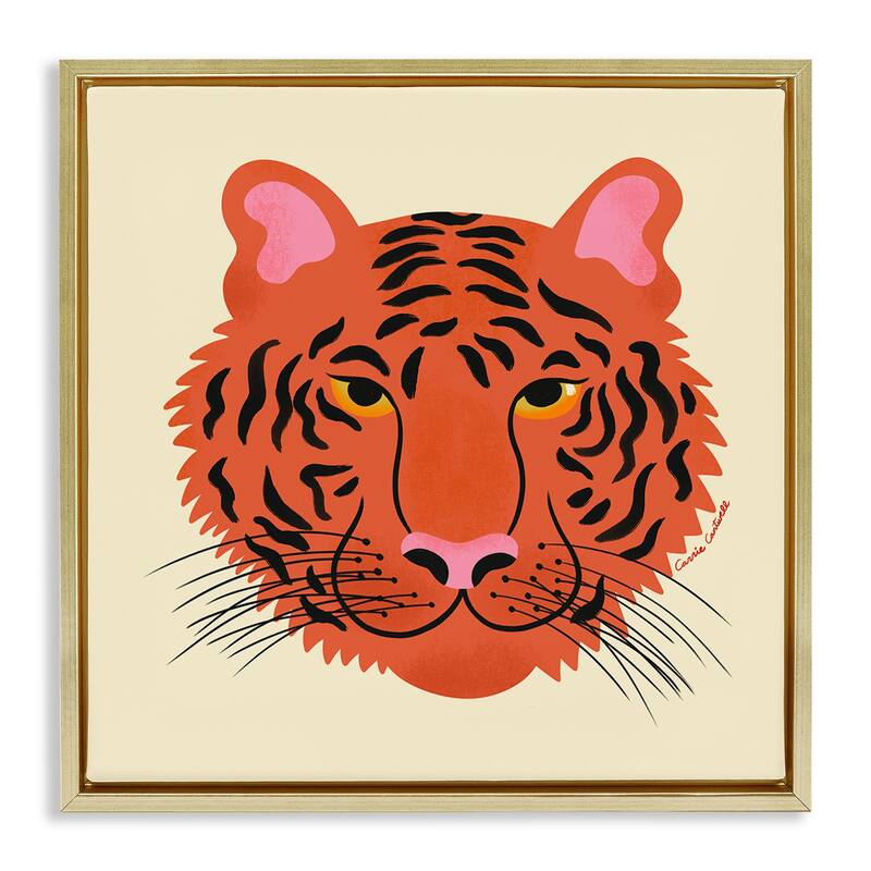 Stupell Modern Wild Tiger Face Framed Floater Canvas Wall Art Design By Carrie Cantwell - 18 x 18 - Gold