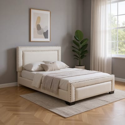 HomeRoots Beige Tufted Velvet Upholstered Queen Bed Frame