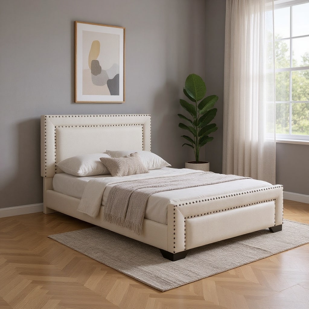 HomeRoots Beige Tufted Velvet Upholstered Queen Bed Frame