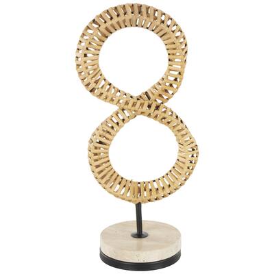 Brown Rattan Handmade Infinity Shaped Abstract Decorative Sculpture with White Marble Base