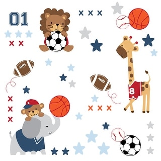 Lambs & Ivy Future All Star Blue/Gray Animal Sports Wall Decals/Appliques - Lion, Giraffe, Elephant, & Monkey