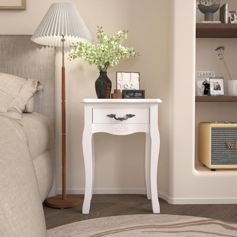White Living Room Floor-standing Storage Table with a Drawer, 4 Curved Legs - White