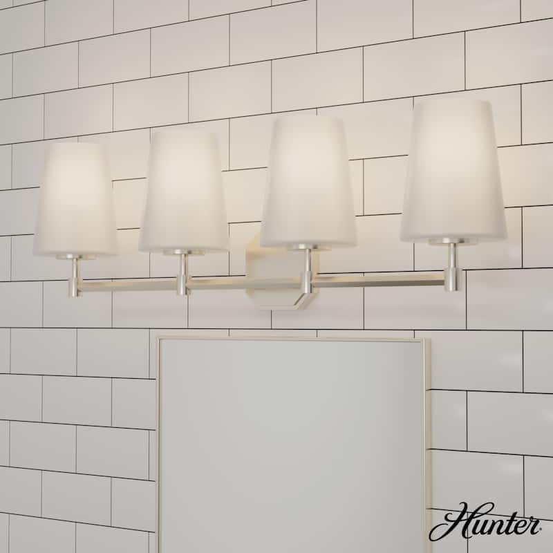 Hunter Nolita Vanity Wall Light - Bathroom - Contemporary, Transitional - White Glass Shades - Damp Rated! - 30" 4 Light - Brushed Nickel
