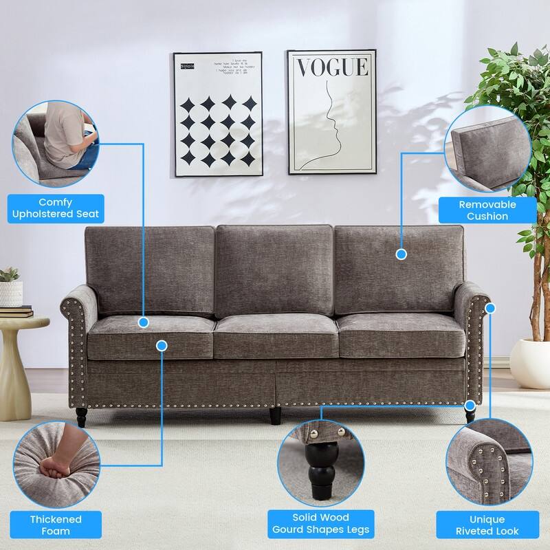 Mixoy Chenille Living Room Sofa,Modern 3-Seater Sofa Couch,Unique Riveted Look