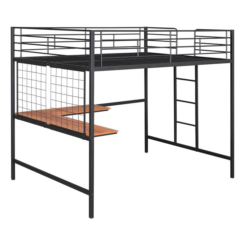 Black Full Size Metal Loft Bed with Desk and Storage Grid