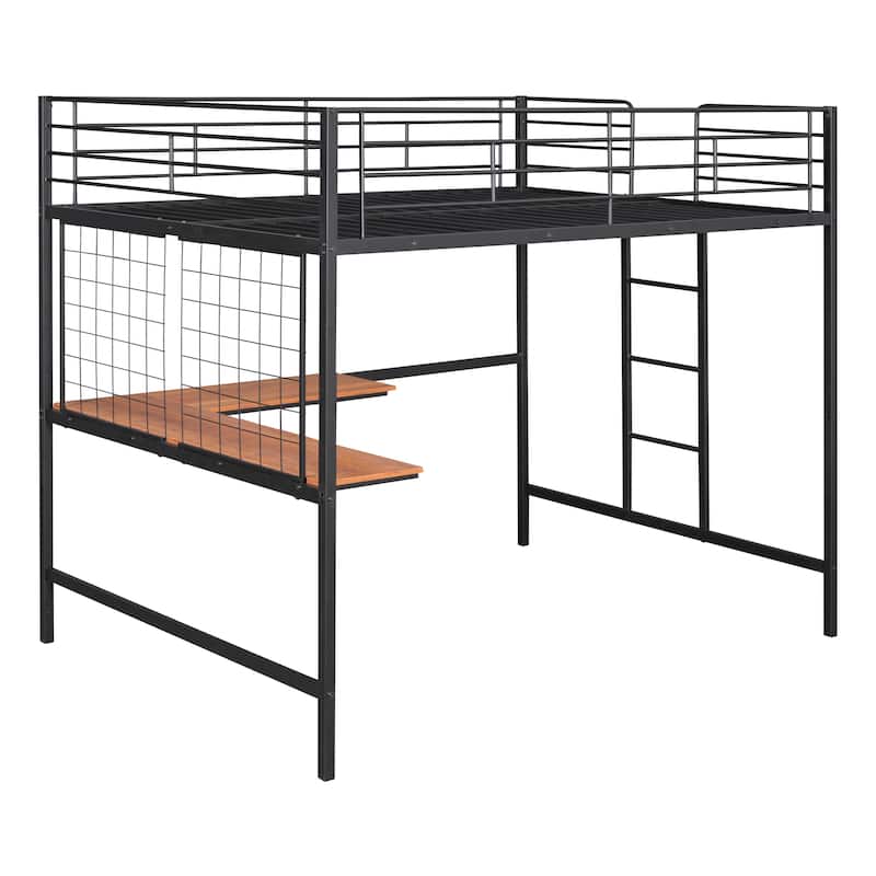 Metal Full Size Loft Bed with Wood Desk & Classy Grid, FullLength