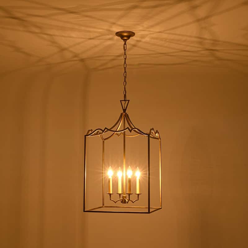 Vintage 4-Light Candle Aged Gold Iron Square Cage Pendant Lantern
