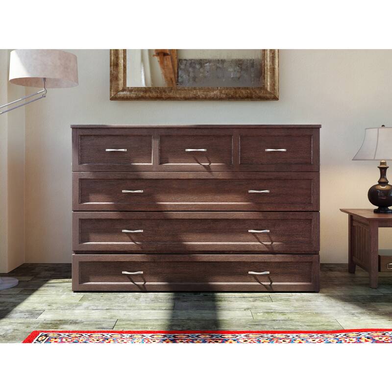 Murphy Bed Chest with Charging Station - Space Saving Queen Bed - Burnt Amber Finish