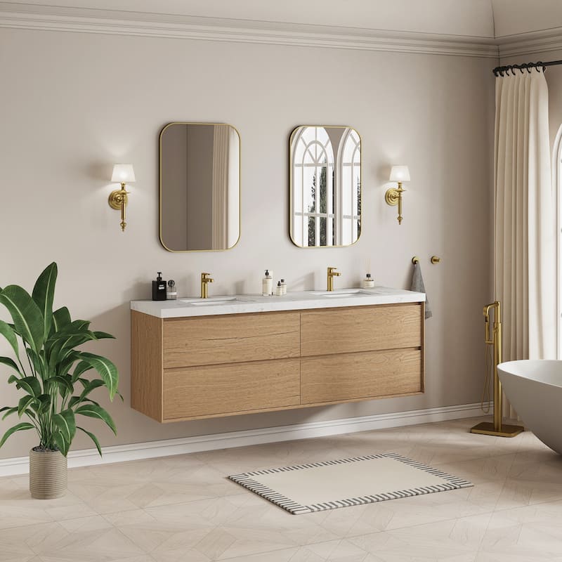 Sylphar 72 inch Bathroom Vanity with Sink, Floating Oak Cabinet with Stone Top