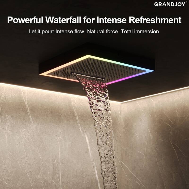GRANDJOY Thermostatic LED Rain and Waterfall Shower System with Handheld, Built-In Music Function