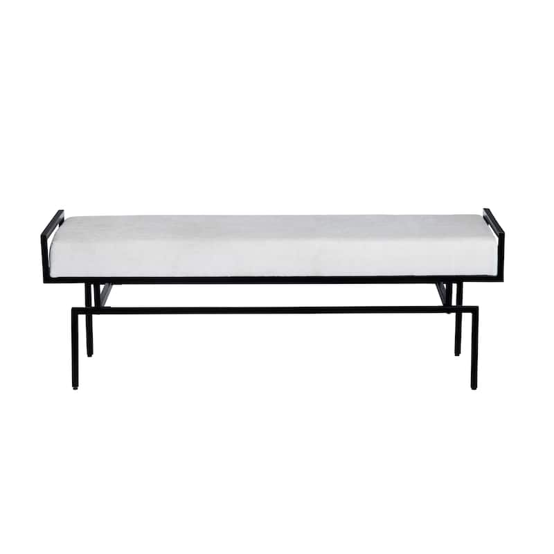 55 in. White Upholstered Accent Bench with Black Iron Frame