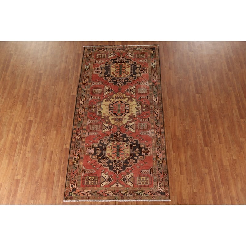 Pink Geometric Meshkin Persian Vintage Area Rug Handmade Wool Carpet - 4'11"x 9'10"