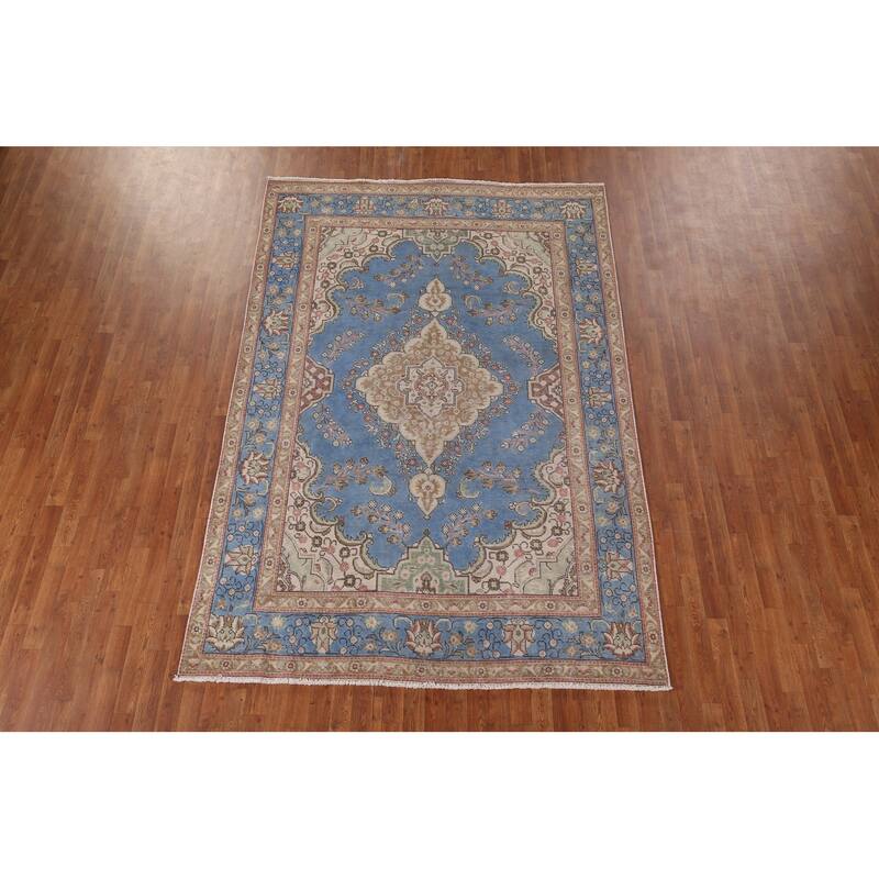 Blue Tabriz Persian Vintage Area Rug Handmade Wool Carpet - 6'6" x 9'10"