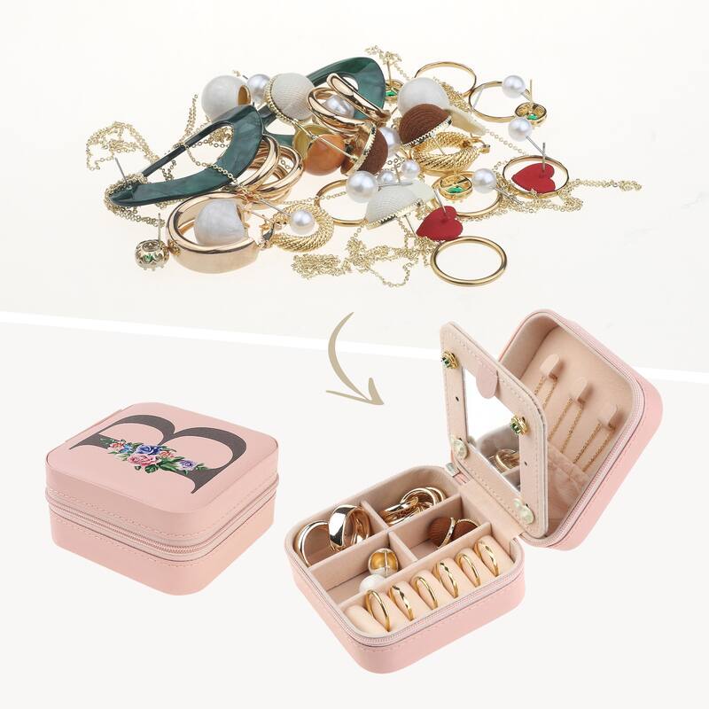Portable Jewelry Box with Mirror, Mini PU Leather Jewelry Organizer Boxes Storage Display Holder - Pink - B