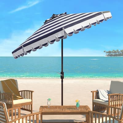 SAFAVIEH Maui Single Scallop Striped 9 Ft Navy/ White Crank Umbrella