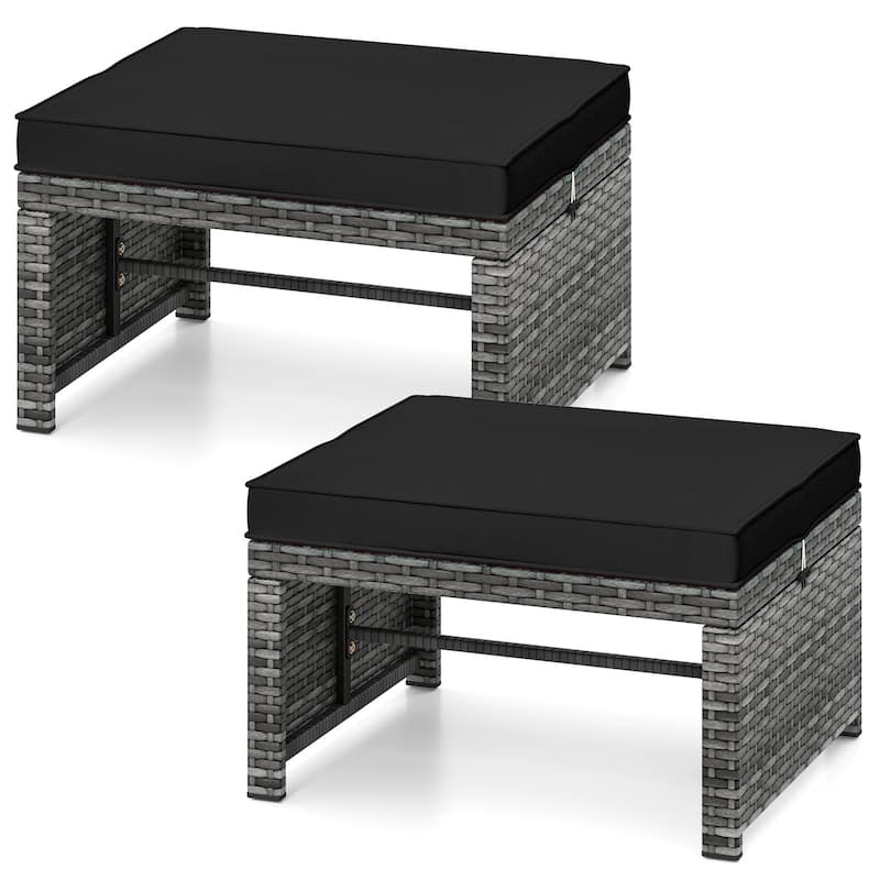 PE Rattan Outdoor Ottomans with Cushions, Footrest Seats or Tables - 16" L x 19" W x 9.5" H
