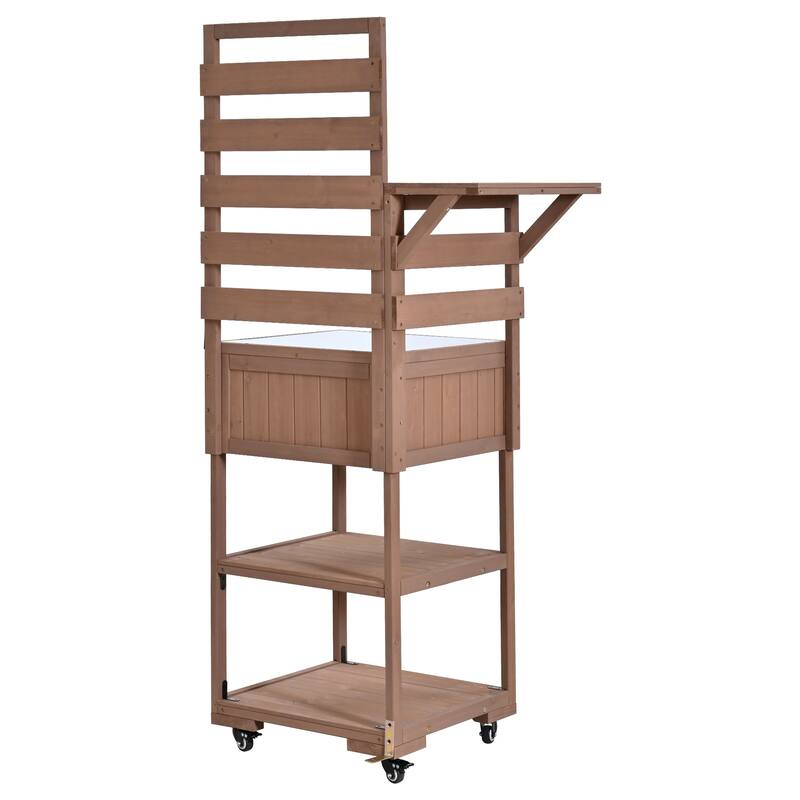 Solid Wood 62.3'' Patio Kitchen Island Kitchen Cart with Stainless Table Top, Garden Potting Bench with Raised Shelf and Drawers