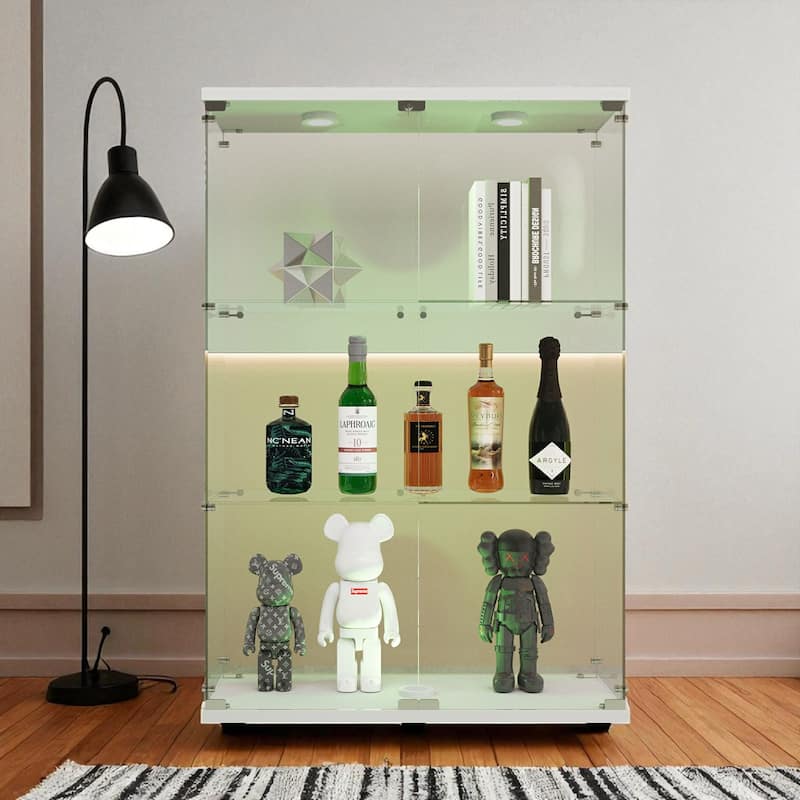 Modern Tempered Glass Storage Cabinet with Battery-Powered Light, Adjustable Floor Feet, Wine & File Display Case - White