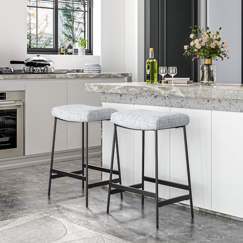 Anmytek 27'' Modern Backless Upholstered Kitchen Counter Bar Stool with Saddle Seat and Metal Base Set of 2
