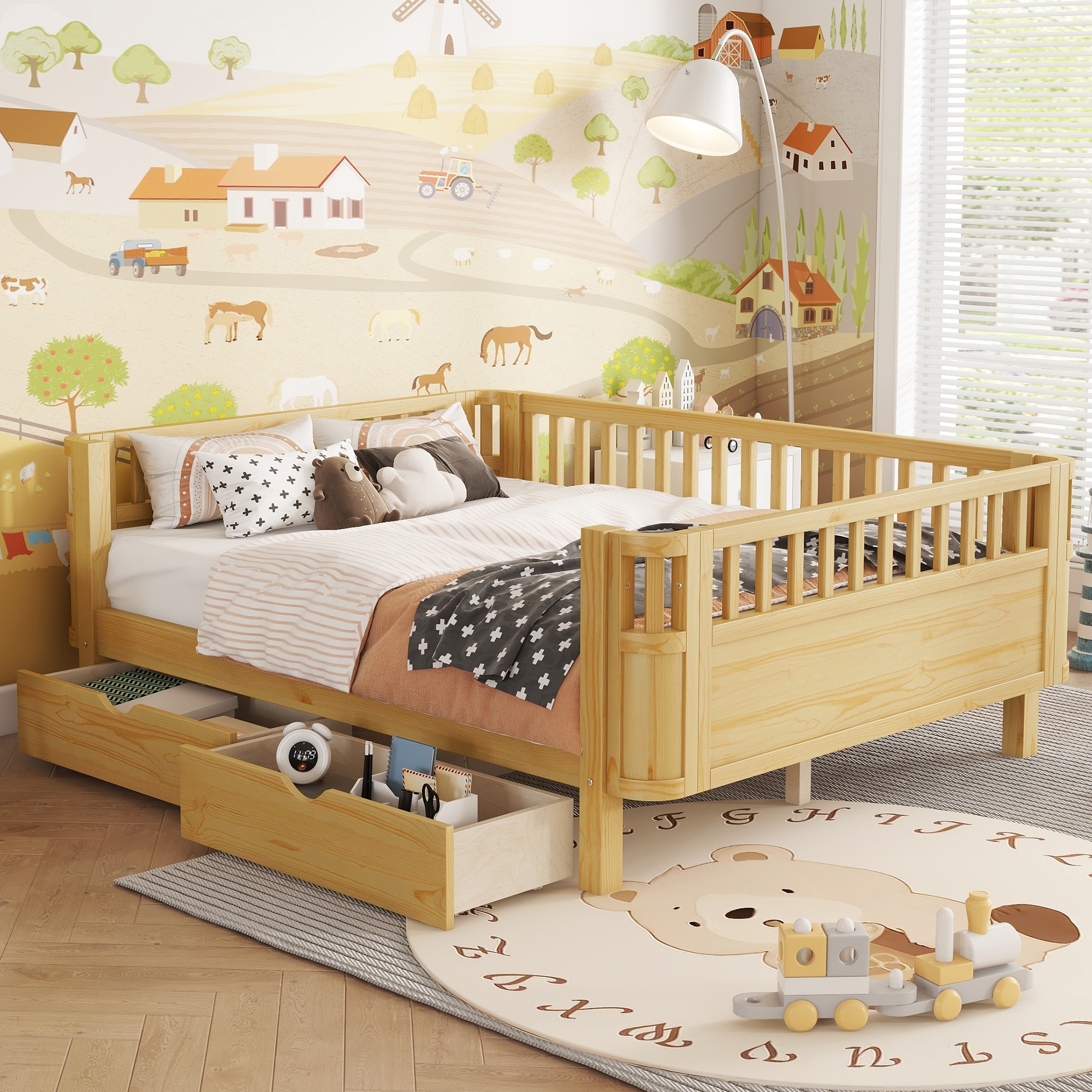 Roomfitters Twin/Full Platform Bed, Slatted Daybed and Storage Drawers with Wooden Frame for Bedroom or Guest Room