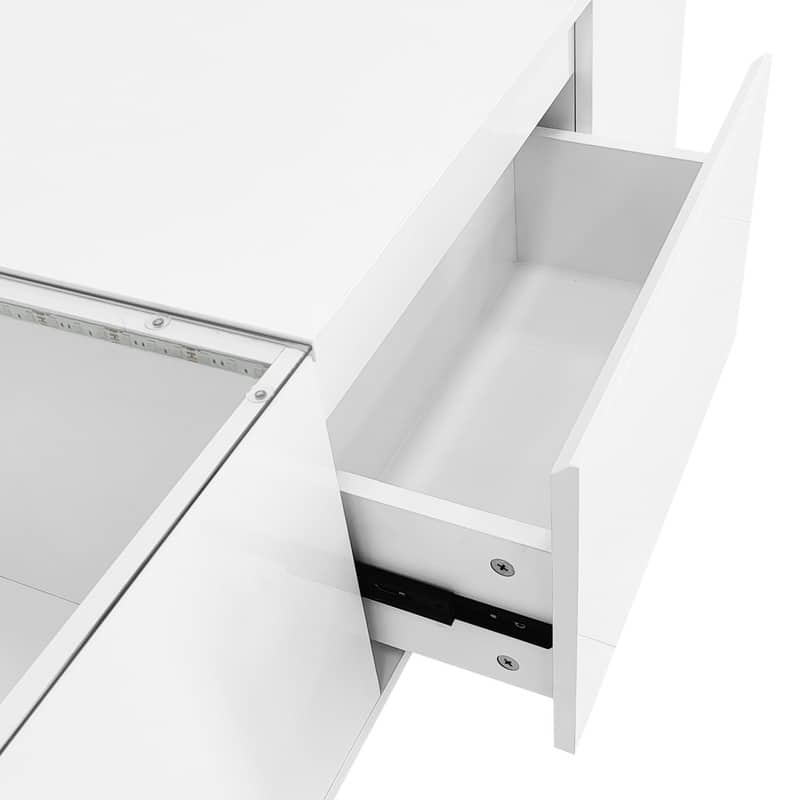 Led Coffee Table, Modern Center Table with High-Gloss Finish and Glass Tabletop, Coffee Table with Open Storage Compartment