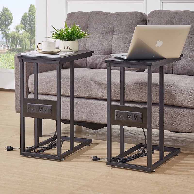 Javlergo Set of 2 C-Shaped End Tables with Charging Station Outlets & USB Fits Sofa Bed for Small Spaces Nightstand & Sofa Table