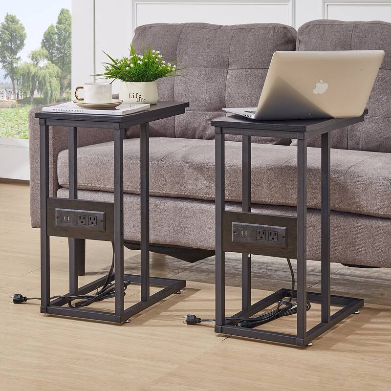 VECELO C Shaped End Table with Charging Station Sofa Table with USB Ports and Outlets C Couch Rustic Snack Bed Table - 11x19x24